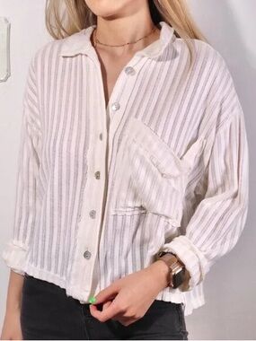Free People Beach Vanilla Shadow Stripe Buttoned Slouchy Shirt